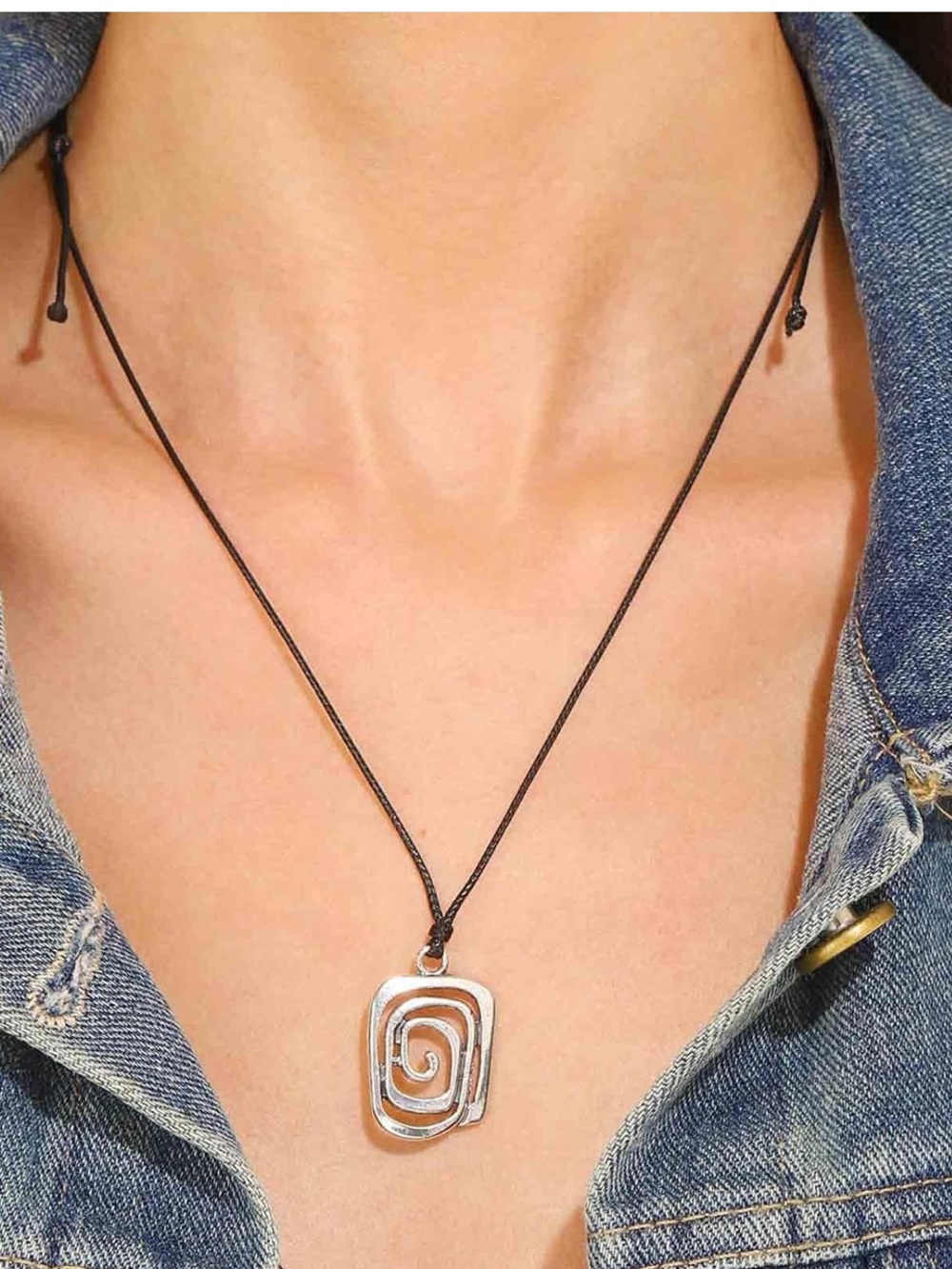 Silver Spiral Pendant Necklace on Black Cord - Women Jewelry